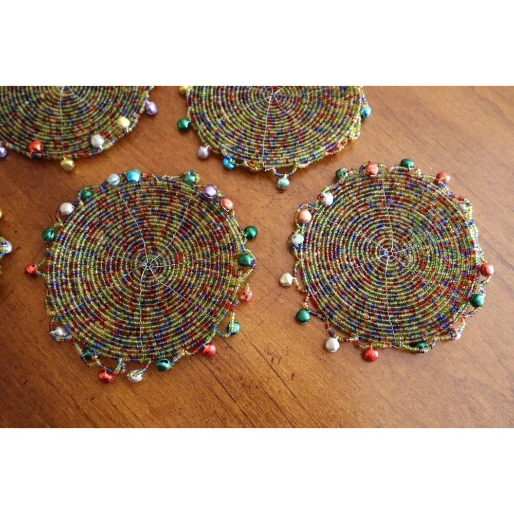 Lot 5x Pier 1 Imports Pier One Festive Beaded 4” Jingle Coasters Bells Christmas